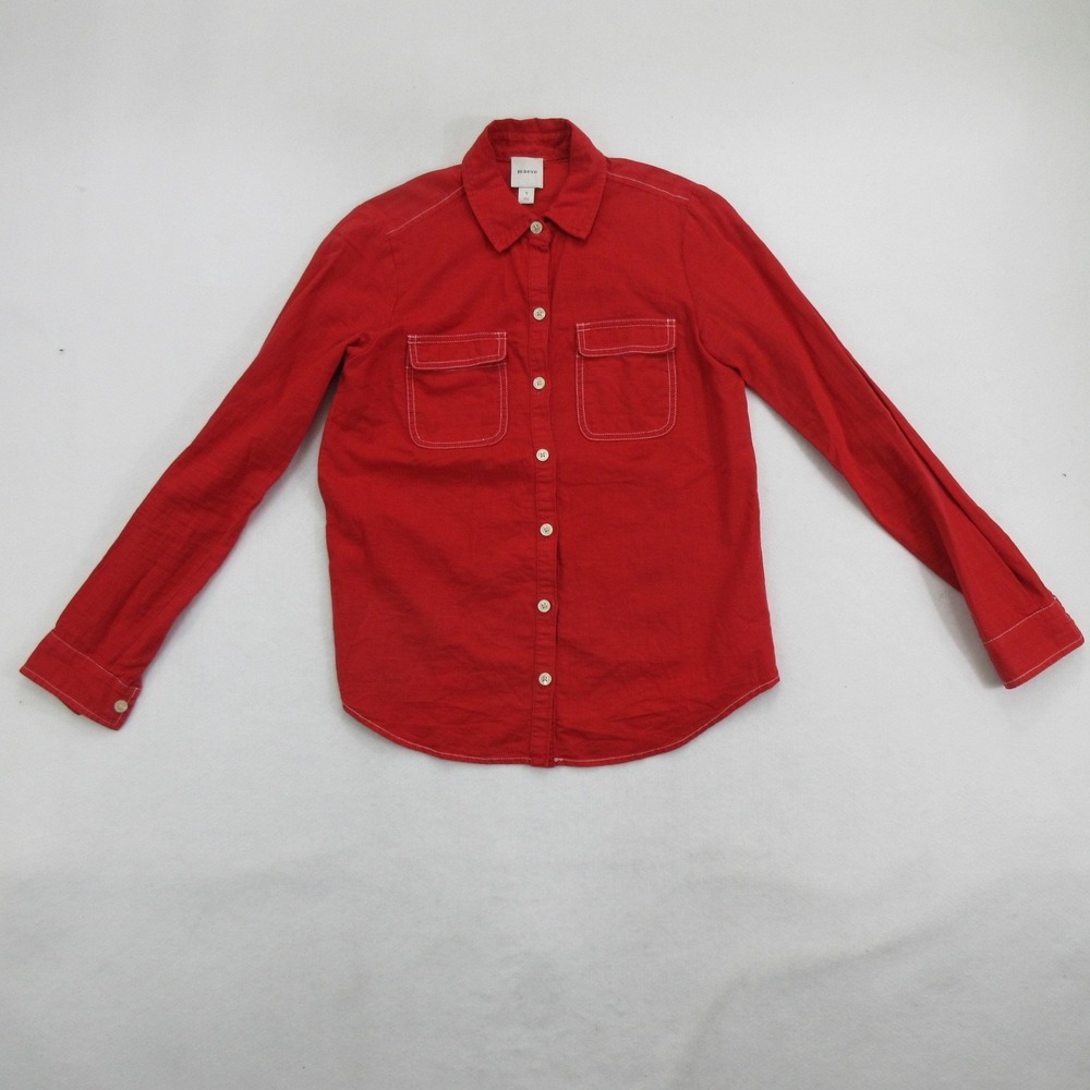 Maeve Women's Shirt S Red Linen Cotton Button-Up Contrast Stitch Long Sleeve